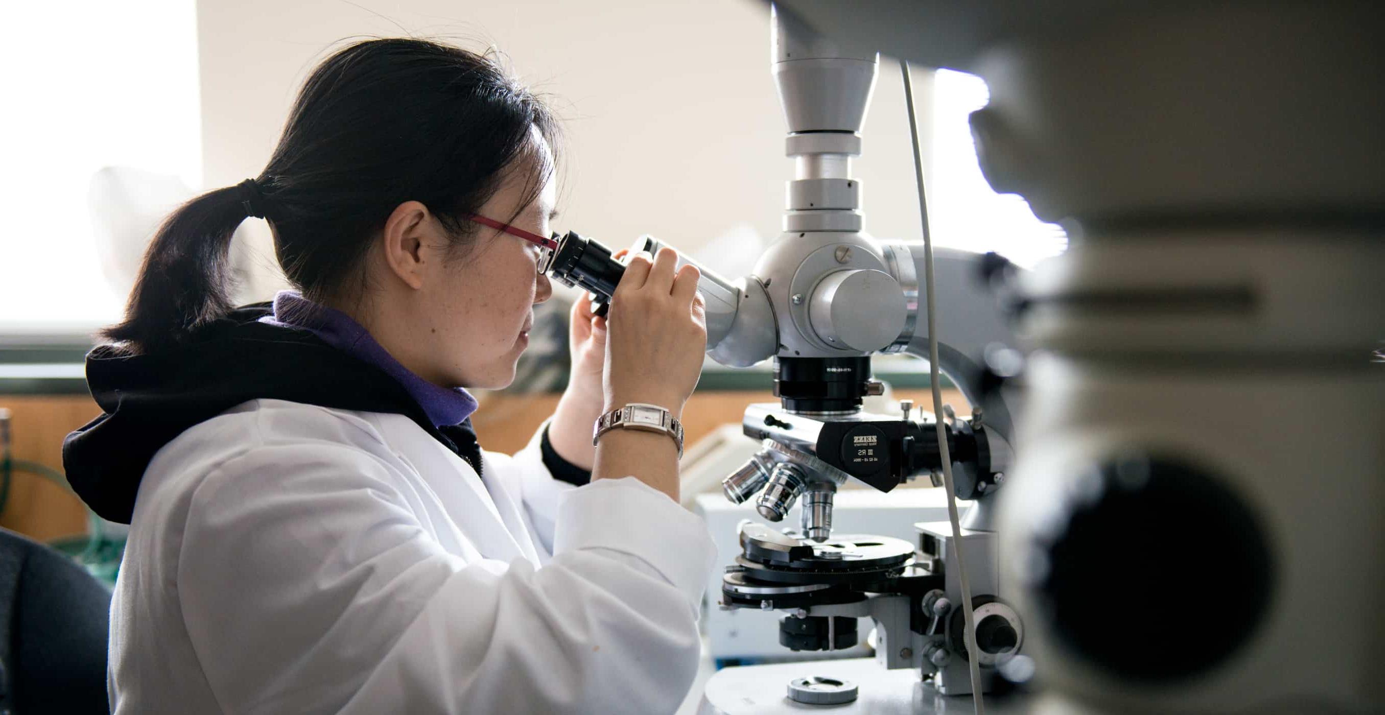 学生在生物实验室研究显微镜