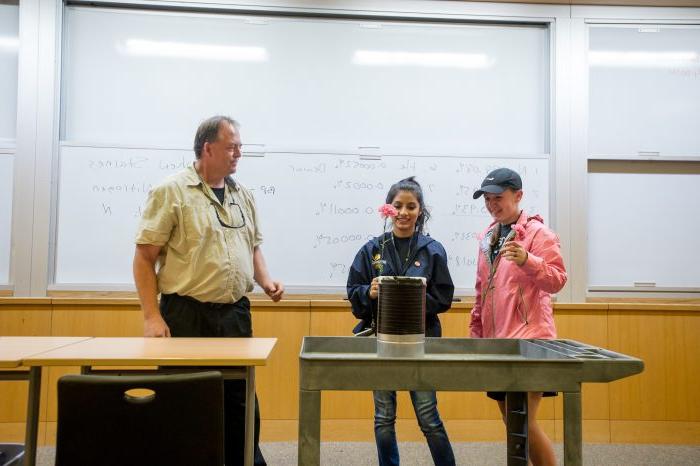 Instructor and students perform experiment